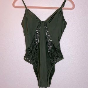 Small Dark Green One Piece Swim Suit / Body Suit with Cut Out Design